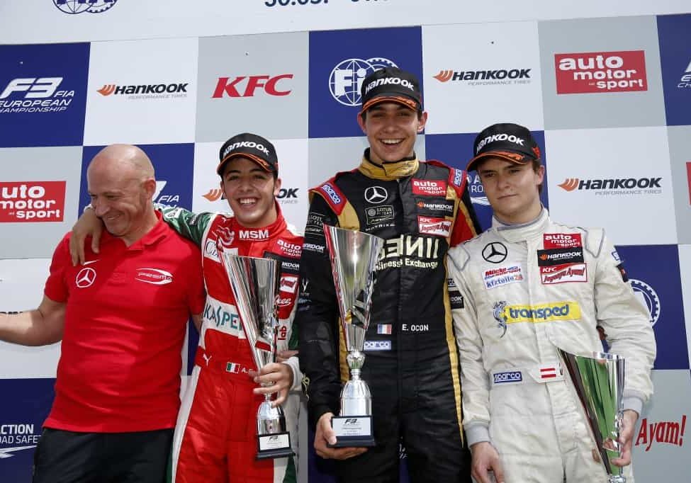 Prize giving ceremony, 25 Antonio Fuoco (ITA, Prema Powerteam, Dallara F312 - Mercedes), 2 Esteban Ocon (FRA, Prema Powerteam, Dallara F312 - Mercedes), 3 Lucas Auer (AUT, kfzteile24 Mücke Motorsport, Dallara F312 - Mercedes), FIA Formula 3 European Championship, round 4, race 2, Hungaroring (HUN) - 30. May - 1. June 2014