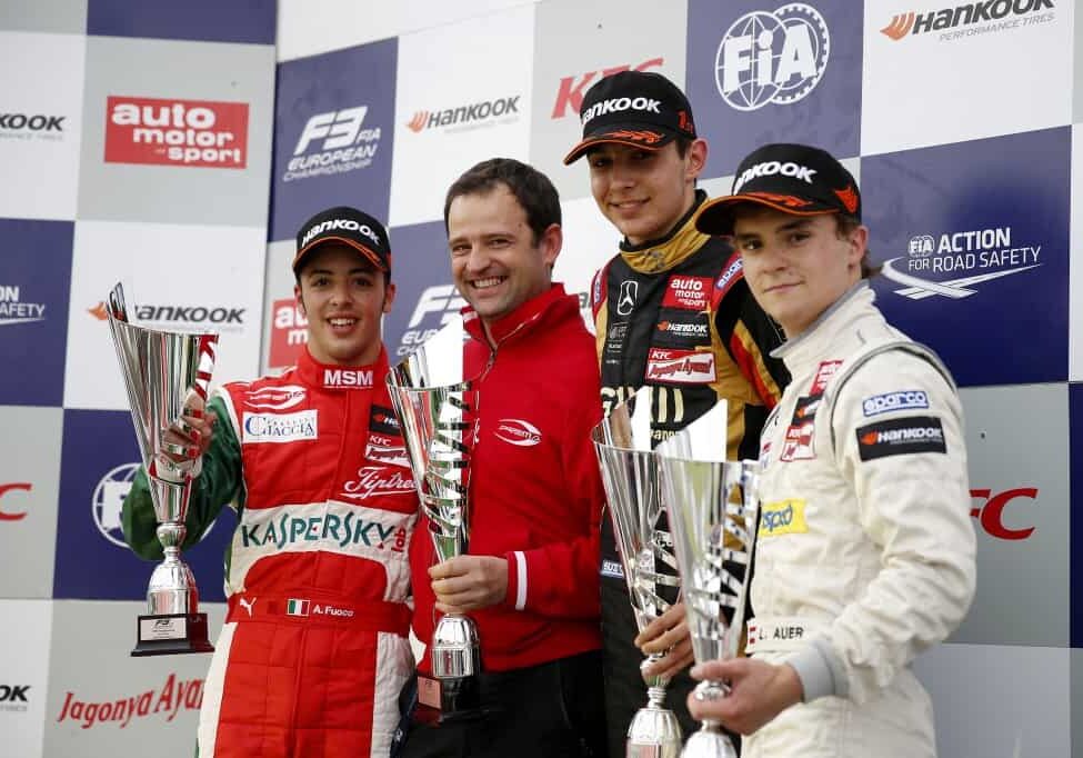 Prize giving ceremony, 25 Antonio Fuoco (ITA, Prema Powerteam, Dallara F312 - Mercedes), 2 Esteban Ocon (FRA, Prema Powerteam, Dallara F312 - Mercedes), 3 Lucas Auer (AUT, kfzteile24 Mücke Motorsport, Dallara F312 - Mercedes), FIA Formula 3 European Championship, round 4, race 3, Hungaroring (HUN) - 30. May - 1. June 2014