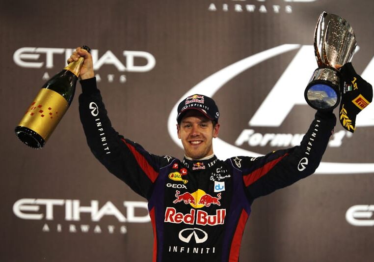 FORMULA 1 - Abu Dhabi GP GEPA-03111399037 - FORMULA 1 - Grand Prix of Abu Dhabi, Yas Marina Circuit, award ceremony. Image shows the rejoicing of Sebastian Vettel (GER/ Red Bull Racing). Keywords: trophy. Photo: Getty Images/ Mark Thompson - For editorial use only. Image is free of charge