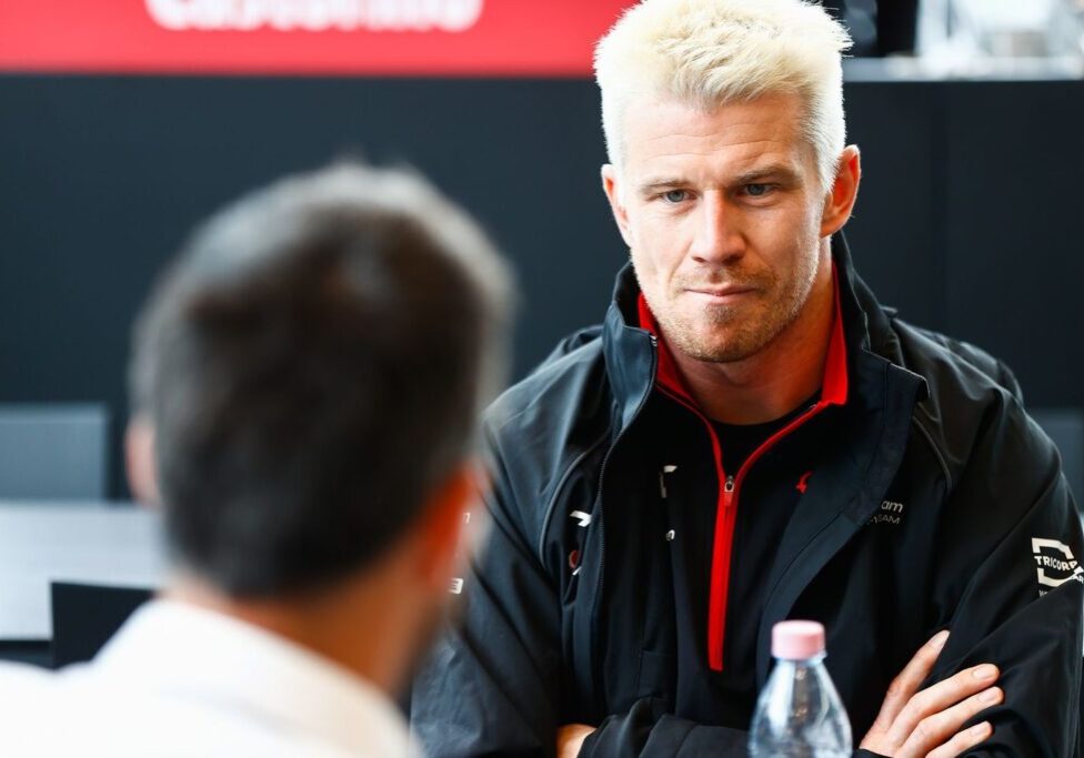 CIRCUIT DE SPA FRANCORCHAMPS, BELGIUM - JULY 27: Nico Hulkenberg, Haas F1 Team, speals to a reporter during the Belgian GP at Circuit de Spa Francorchamps on Thursday July 27, 2023 in Spa, Belgium. (Photo by Andy Hone / LAT Images)