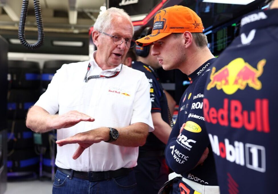 BUDAPEST, HUNGARY - JULY 21: Max Verstappen of the Netherlands and Oracle Red Bull Racing talks with Red Bull Racing Team Consultant Dr Helmut Marko in the garage during practice ahead of the F1 Grand Prix of Hungary at Hungaroring on July 21, 2023 in Budapest, Hungary. (Photo by Dan Istitene/Getty Images) // Getty Images / Red Bull Content Pool // SI202307210299 // Usage for editorial use only //