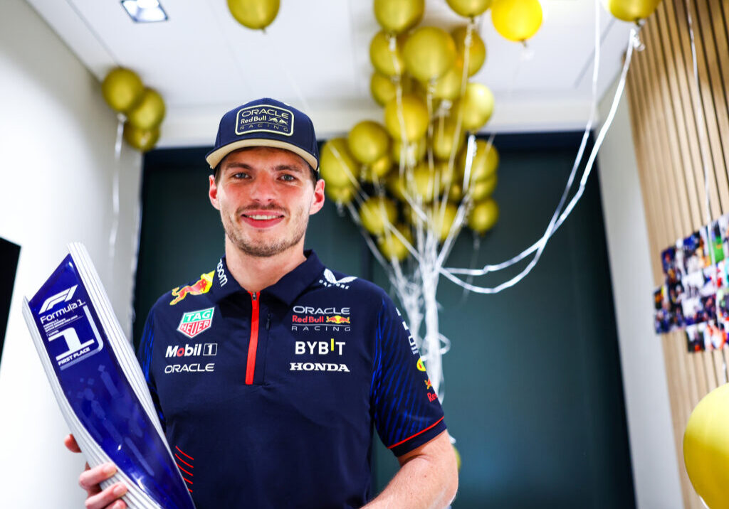 LUSAIL CITY, QATAR - OCTOBER 08: Race winner Max Verstappen of the Netherlands and Oracle Red Bull Racing celebrates with his trophy in the Paddock after the F1 Grand Prix of Qatar at Lusail International Circuit on October 08, 2023 in Lusail City, Qatar. (Photo by Mark Thompson/Getty Images) // Getty Images / Red Bull Content Pool // SI202310080615 // Usage for editorial use only //