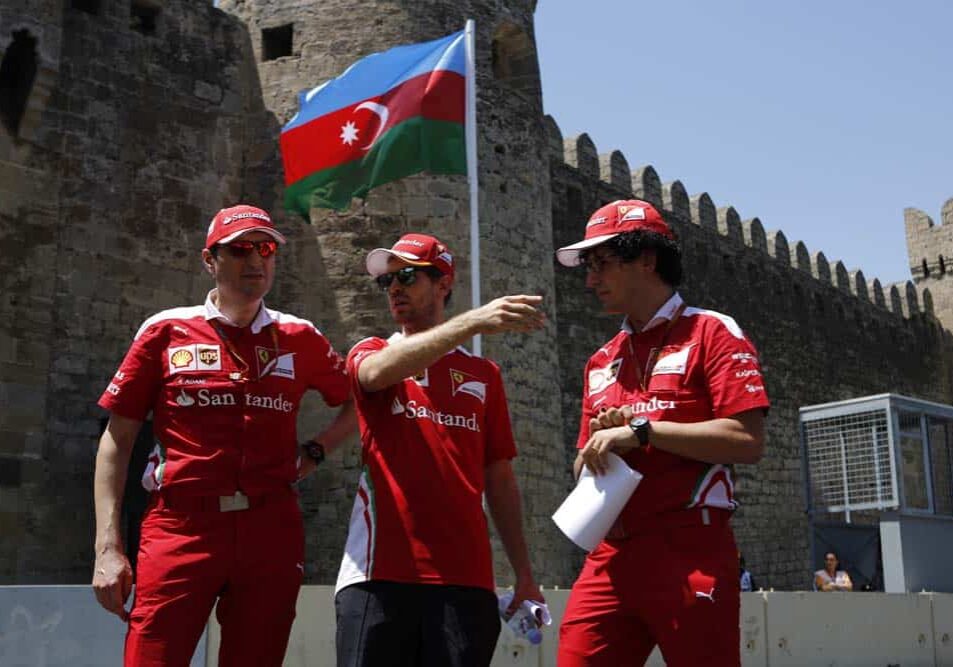 Sebastian Vettel (GER) Ferrari walks the track with Riccardo Adami (ITA) Ferrari Race Engineer and Jock Clear (GBR) Ferrari Chief Engineer at Formula One World Championship, Rd8, European Grand Prix, Preparations, Baku City Circuit, Baku, Azerbaijan, Thursday 16 June 2016.