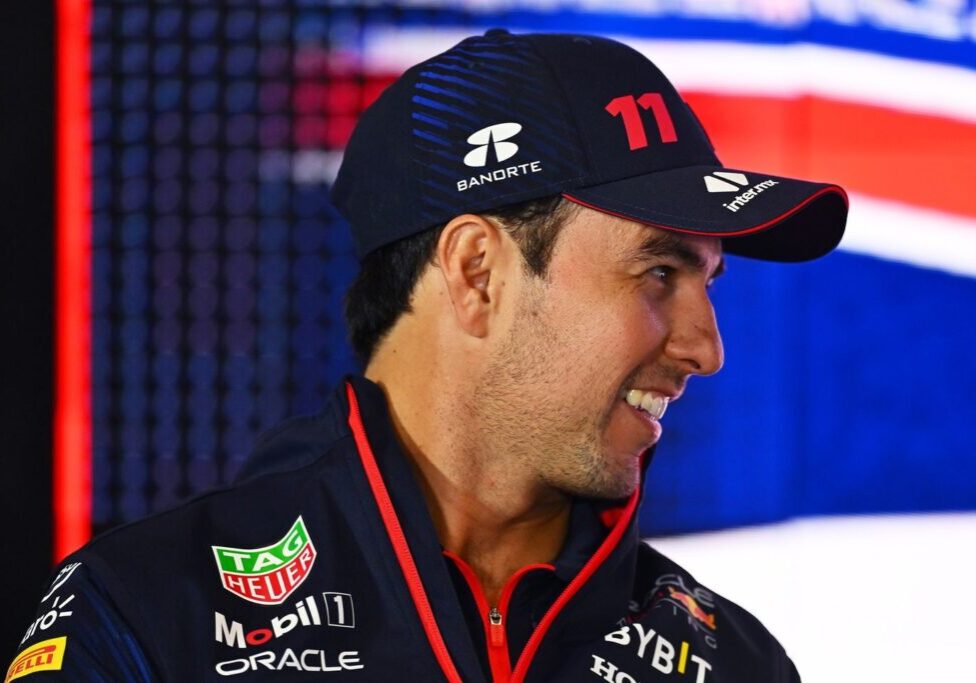 NORTHAMPTON, ENGLAND - JULY 06: Sergio Perez of Mexico and Oracle Red Bull Racing attends the Drivers Press Conference during previews ahead of the F1 Grand Prix of Great Britain at Silverstone Circuit on July 06, 2023 in Northampton, England. (Photo by Dan Mullan/Getty Images) // Getty Images / Red Bull Content Pool // SI202307060890 // Usage for editorial use only //