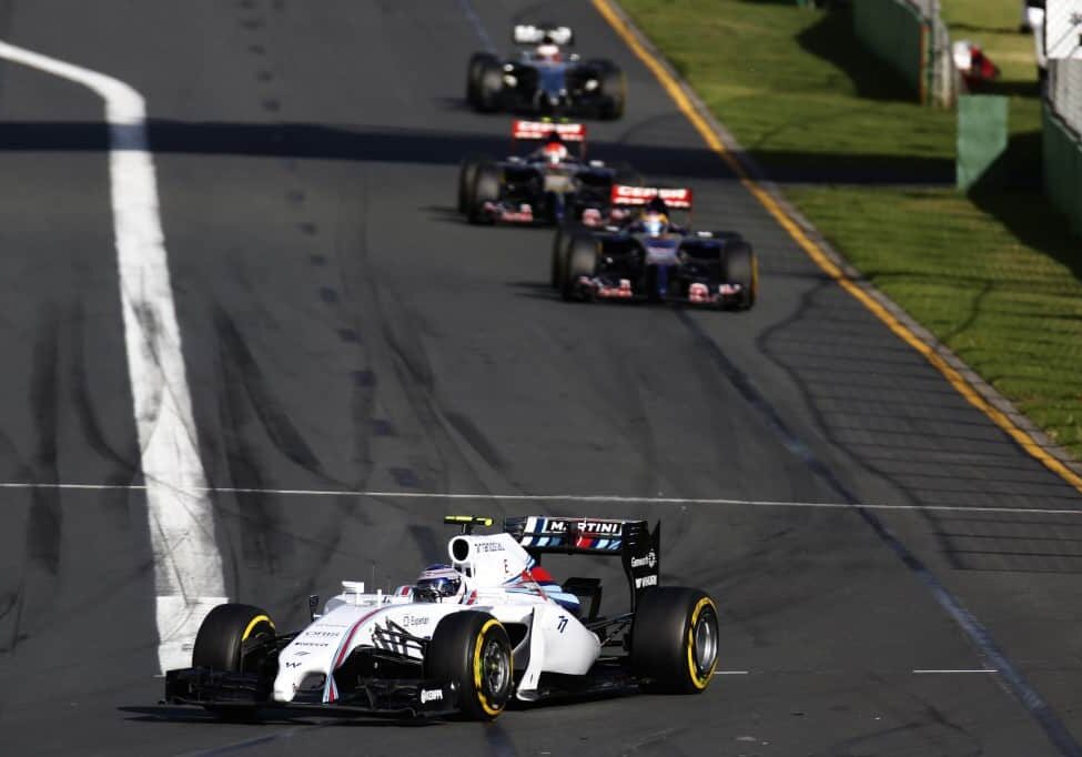 Albert Park, Melbourne, Australia.
Sunday 16 March 2014.
Valterri Bottas, Williams FW36 Mercedes, leads Jean-Eric Vergne, Toro Rosso STR9 Renault, Daniil Kvyat, Toro Rosso STR9 Renault, and Jenson Button, McLaren MP4-29 Mercedes.
Photo: Alastair Staley/Williams F1.
ref: Digital Image _R6T8186