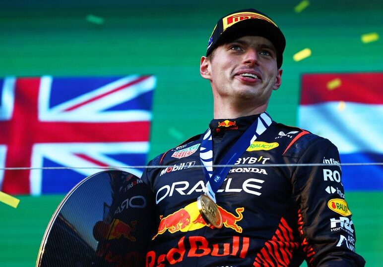 MELBOURNE, AUSTRALIA - APRIL 02: Race winner Max Verstappen of the Netherlands and Oracle Red Bull Racing celebrates on the podium during the F1 Grand Prix of Australia at Albert Park Grand Prix Circuit on April 02, 2023 in Melbourne, Australia. (Photo by Mark Thompson/Getty Images) // Getty Images / Red Bull Content Pool // SI202304020235 // Usage for editorial use only //