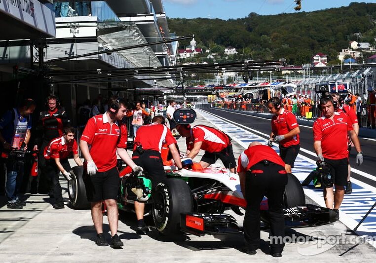 Max Chilton (GBR) Marussia F1 Team MR03 in the pits.
10.10.2014. Formula 1 World Championship, Rd 16, Russian Grand Prix, Sochi Autodrom, Sochi, Russia, Practice Day.
- www.xpbimages.com, EMail: requests@xpbimages.com - copy of publication required for printed pictures. Every used picture is fee-liable. © Copyright: Batchelor / XPB Images