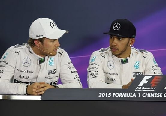 Mandatory Credit: Photo by Imaginechina/REX Shutterstock (4642584c)
 British F1 driver Lewis Hamilton of Mercedes AMG, right, and German F1 driver Nico Rosberg of Mercedes AMG attend a press conference
 Chinese Formula One 1 Grand Prix qualification, Shanghai International Circuit, Shanghai, China - 11 Apr 2015